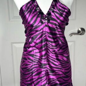 Vintage Y2K Top, 2000s, Satin Purple Zebra, Bejeweled, Size Large